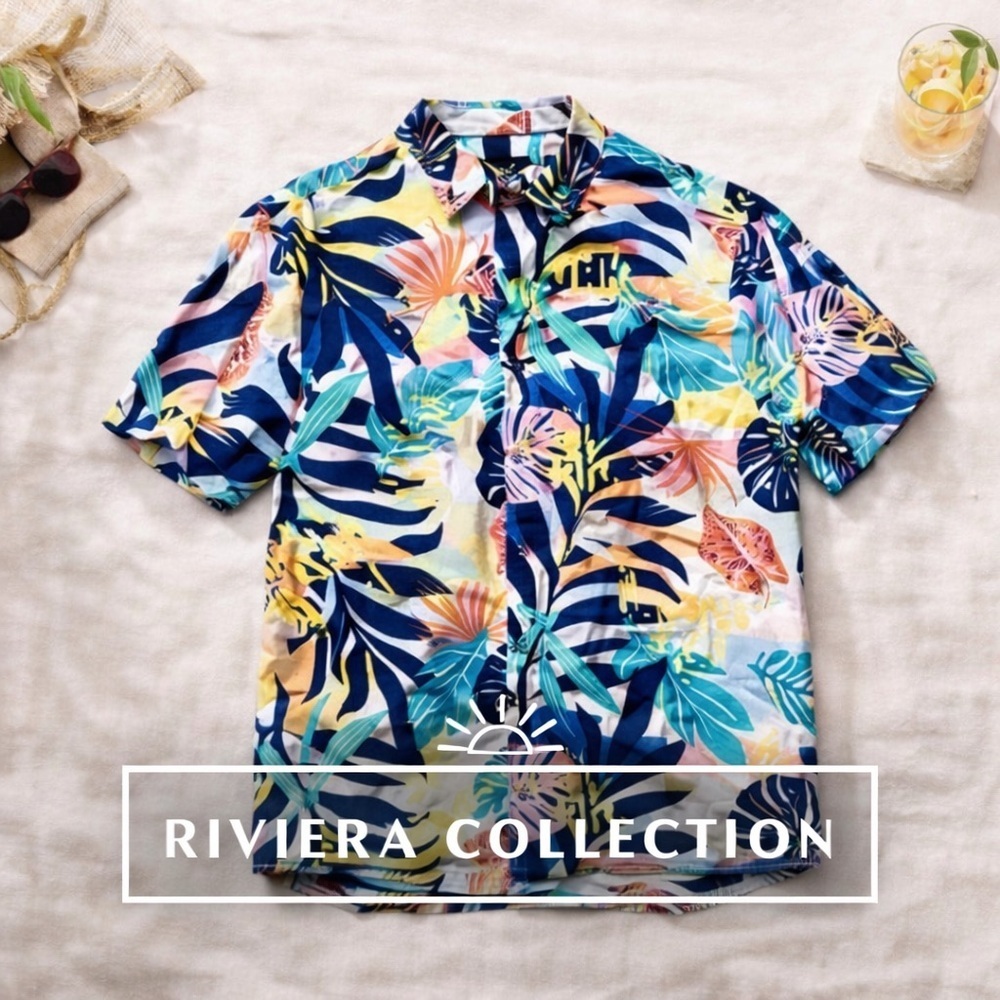 Good Vibes Tropical Hawaiian Shirt Mens L | Bold Island Print Button Up